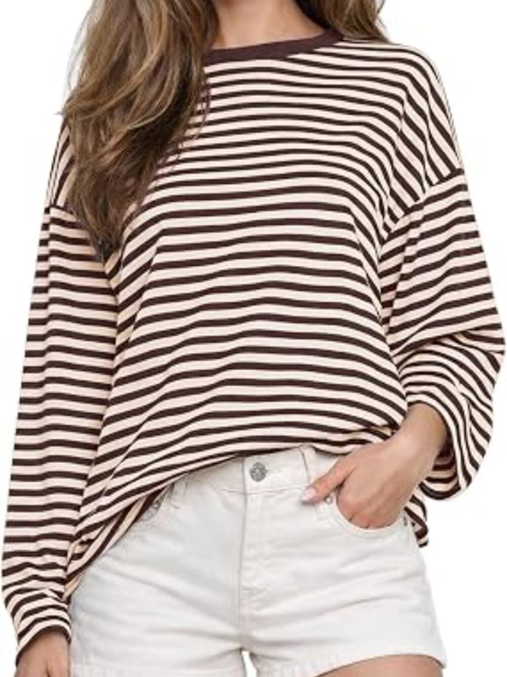 CHYRII Women's Oversized Striped T Shirt (L) Coffee